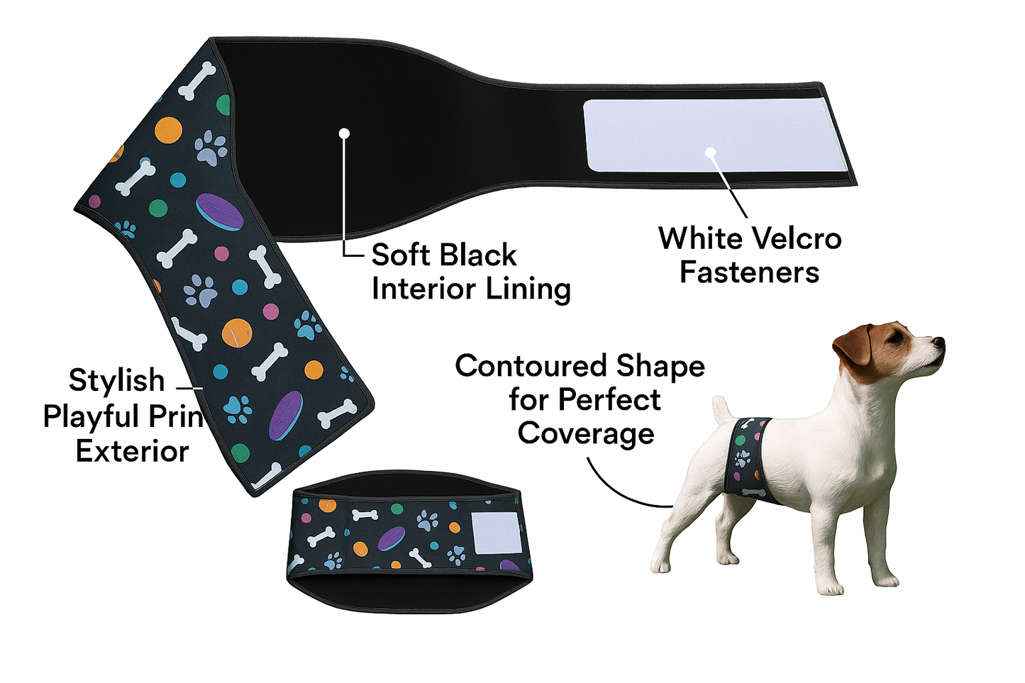 "Playful print dog belly band with feature callouts"