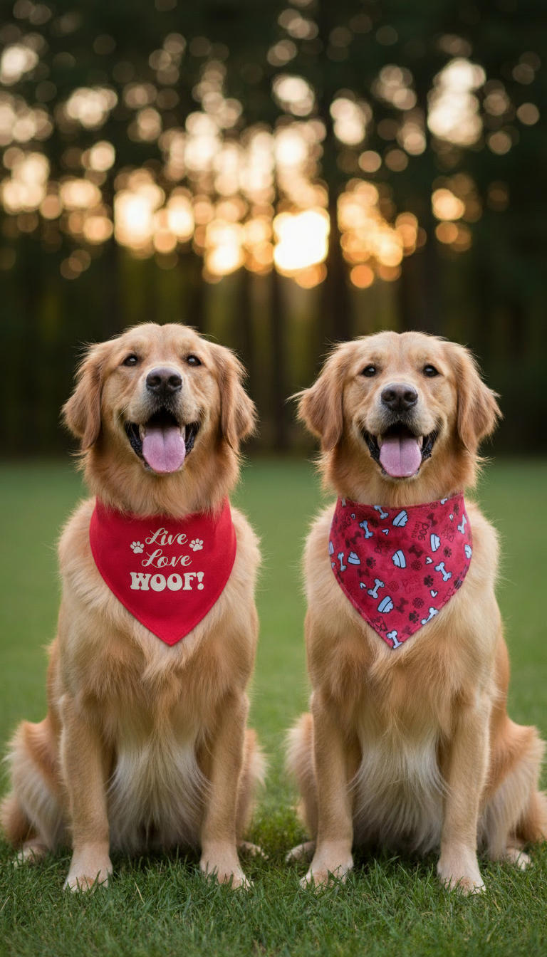 Golden retrievers with Live Love WOOF and Canadian flag bandanas
