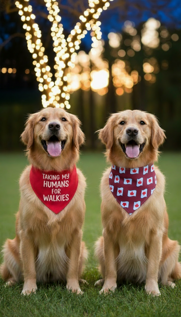Golden retrievers with red and Canadian flag bandanas