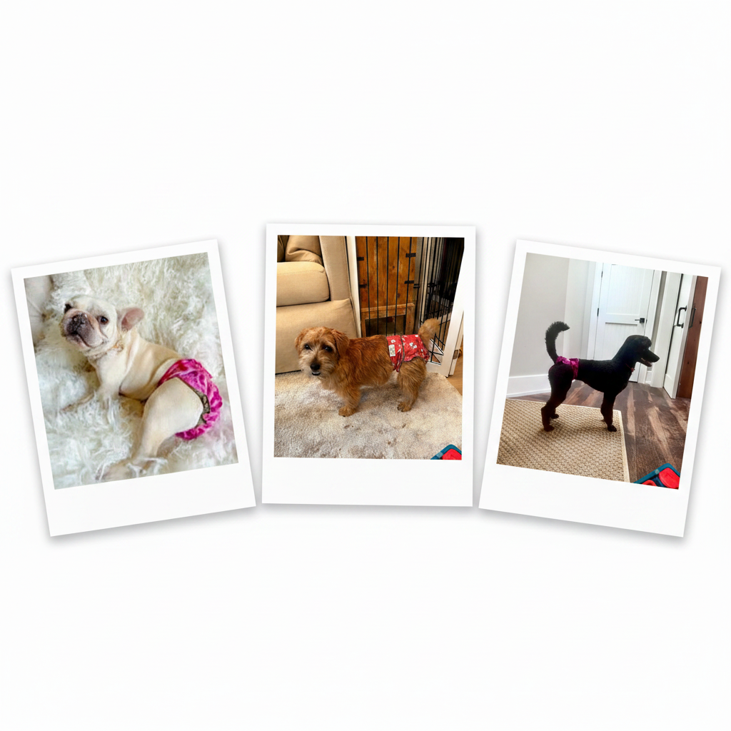 Three dogs—a black Poodle, a Golden Retriever, and a French Bulldog—wearing colorful Jack & Jill female dog diapers while standing in a living room.