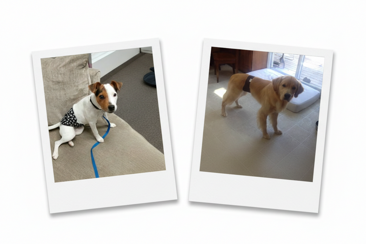 A Boxer and a Jack Russell Terrier standing in a living room wearing blue and red Jack & Jill male dog belly bands.