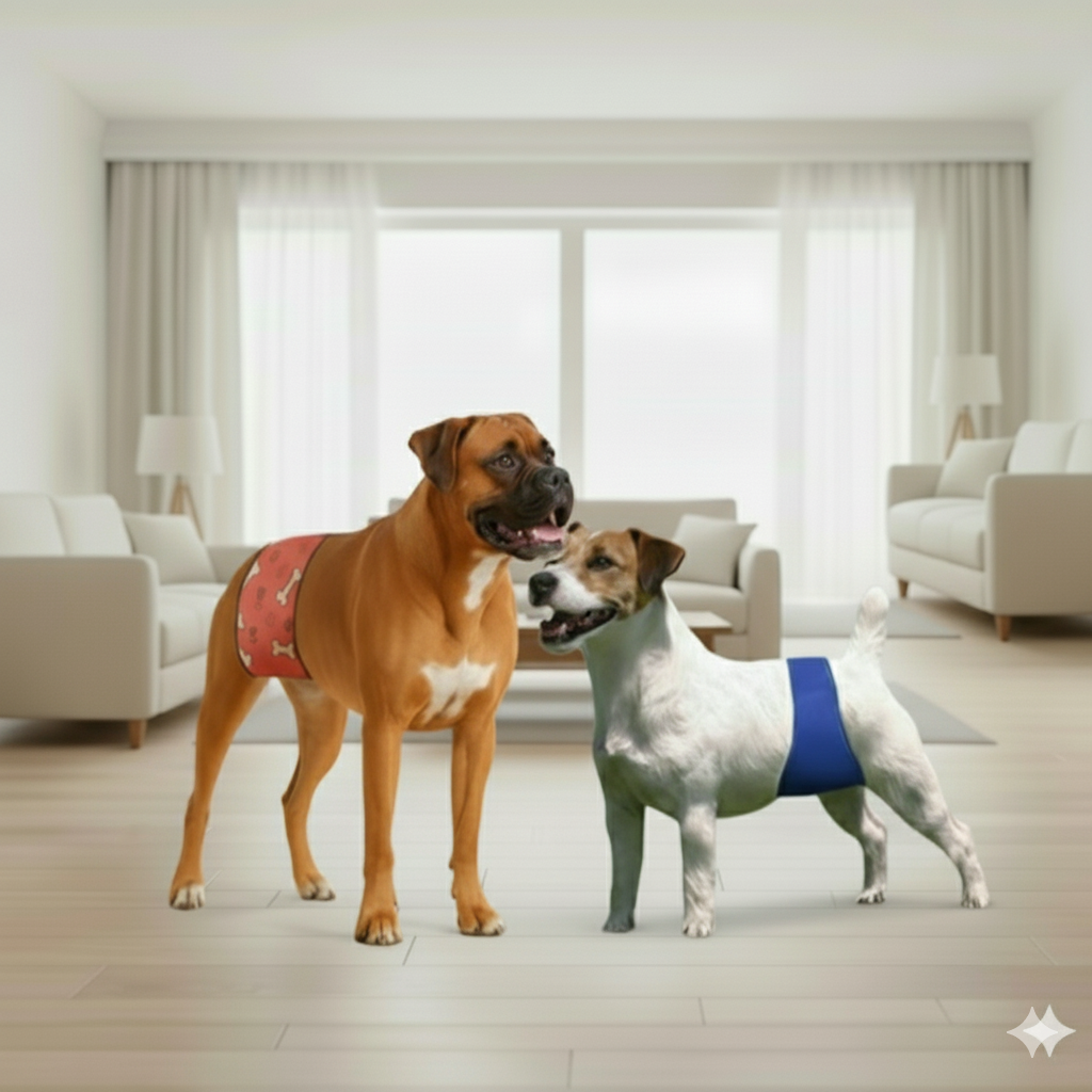 A Boxer and a Jack Russell Terrier standing in a living room wearing blue and red Jack & Jill male dog belly bands.