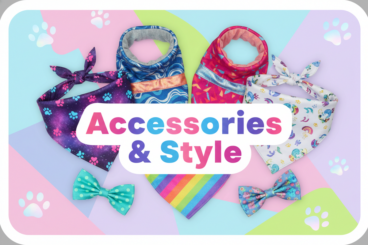A variety of colorful Jack & Jill dog accessories, including patterned bandanas, bow ties, and a snood, displayed on a bright background with the words Accessories & Style.