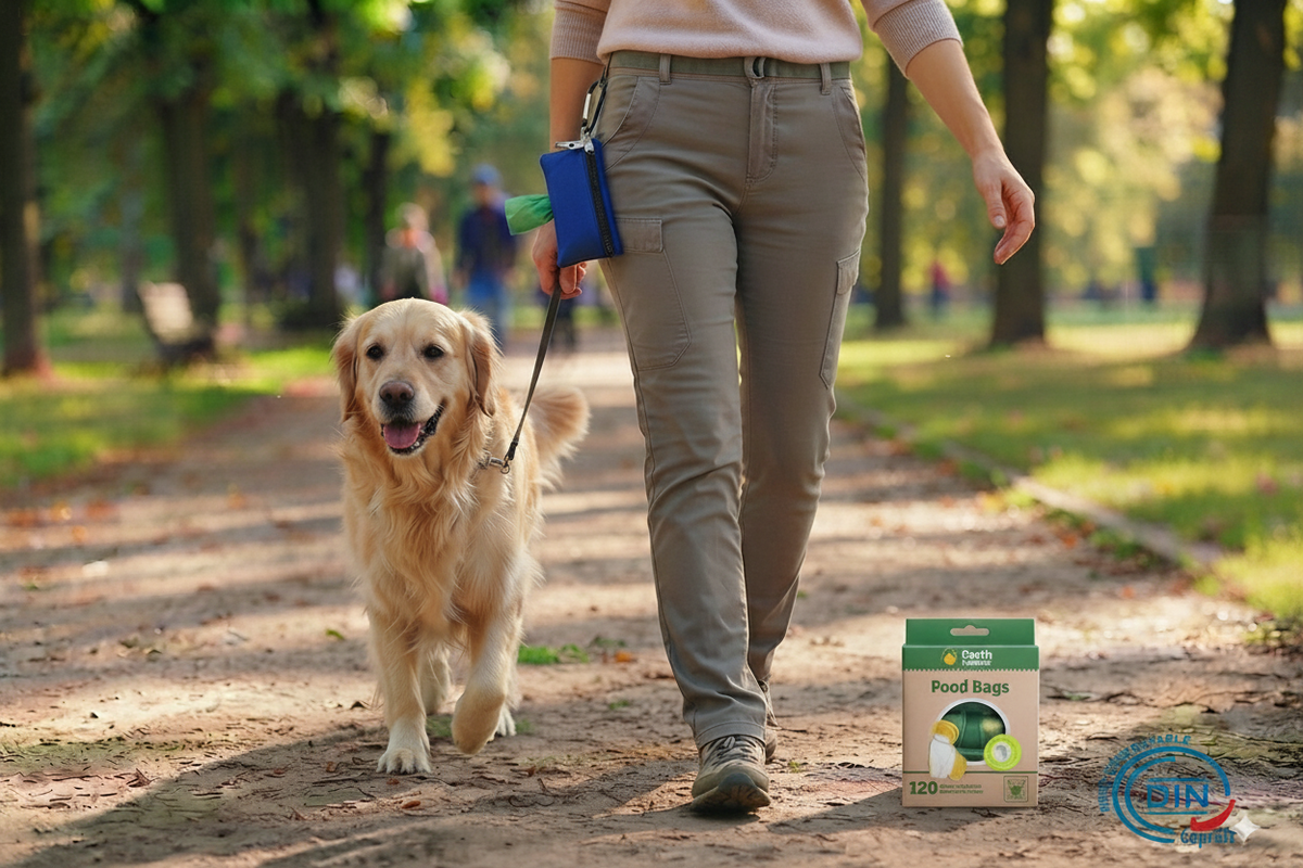 A collection of Jack & Jill dog walking accessories, including treat pouches, poop bag holders, compostable poop bags, and hand sanitizer holders, with the text "ON THE GO" in blue and green.