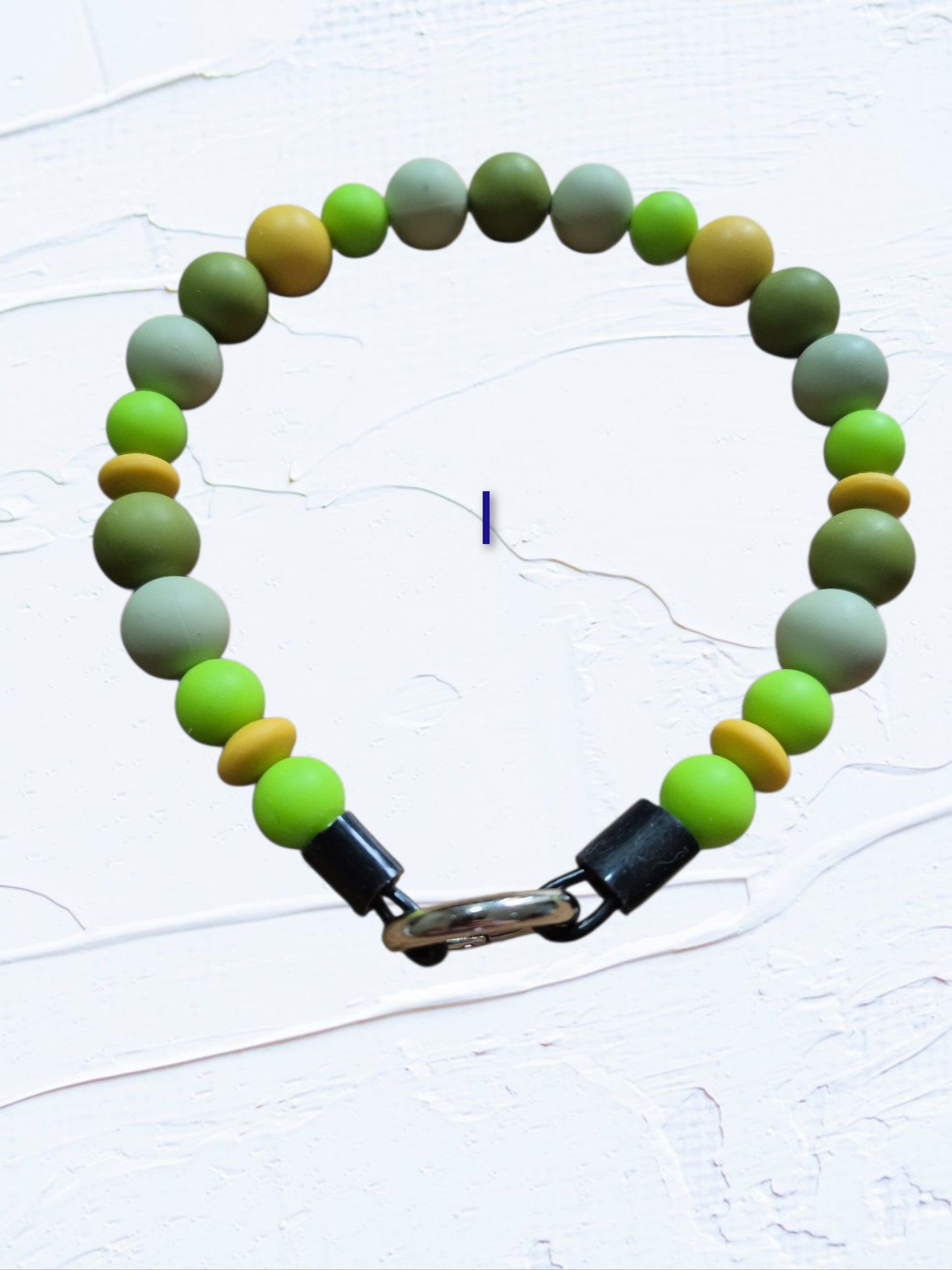 15 inch silicone beaded dog collar Colour I – lime green, olive and yellow silicone beads with silver O-ring clasp, handmade in Canad
