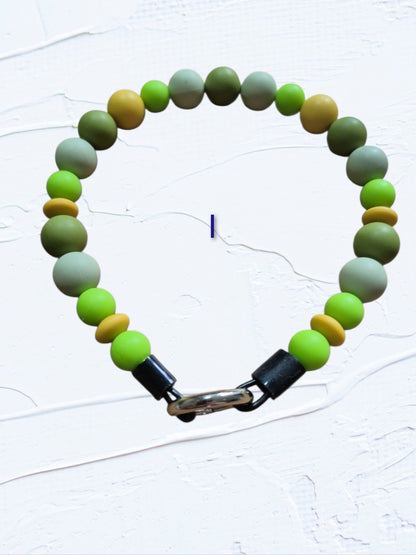15 inch silicone beaded dog collar Colour I – lime green, olive and yellow silicone beads with silver O-ring clasp, handmade in Canad