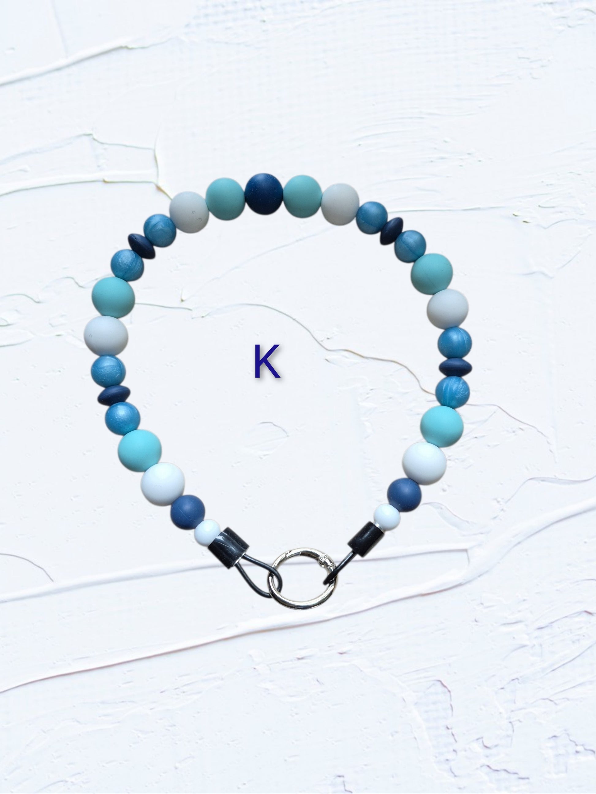 turquoise, sky blue, navy and white beads with silver O-ring clasp