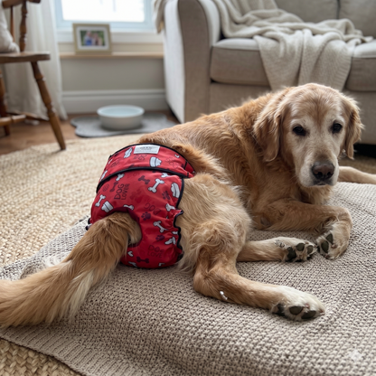 Golden retriever wearing red bones print washable female  regular fit diaper 