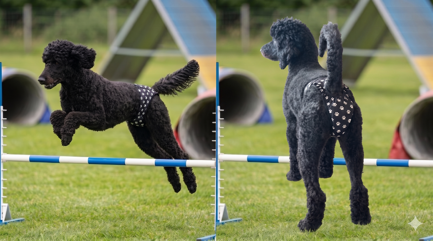 Standard poodles at an agility course wearing high-cut washable female dog diapers — ideal for active dogs and agility training