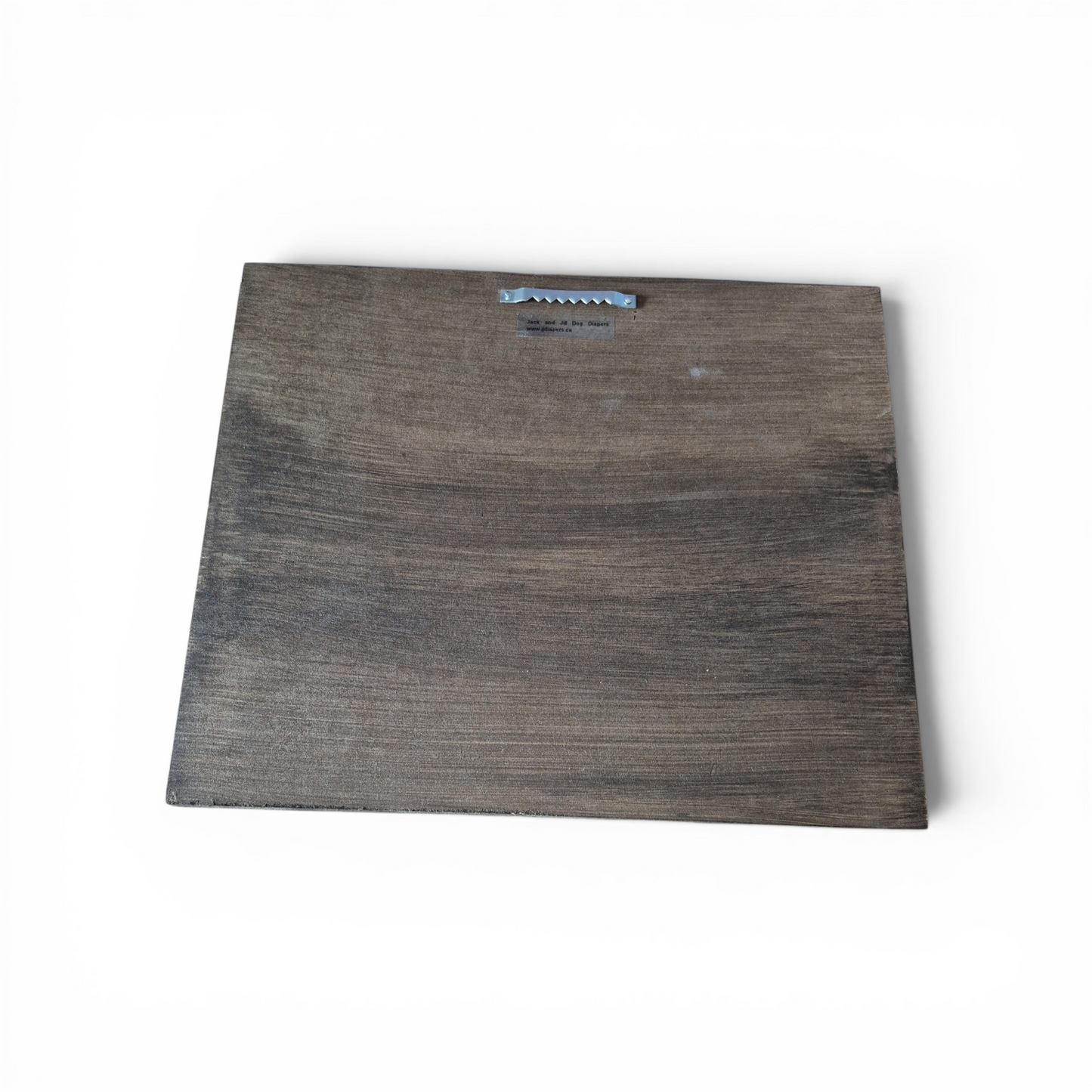 Rear view of dark wood grain decorative sign featuring a sawtooth hanging hook on a white background.