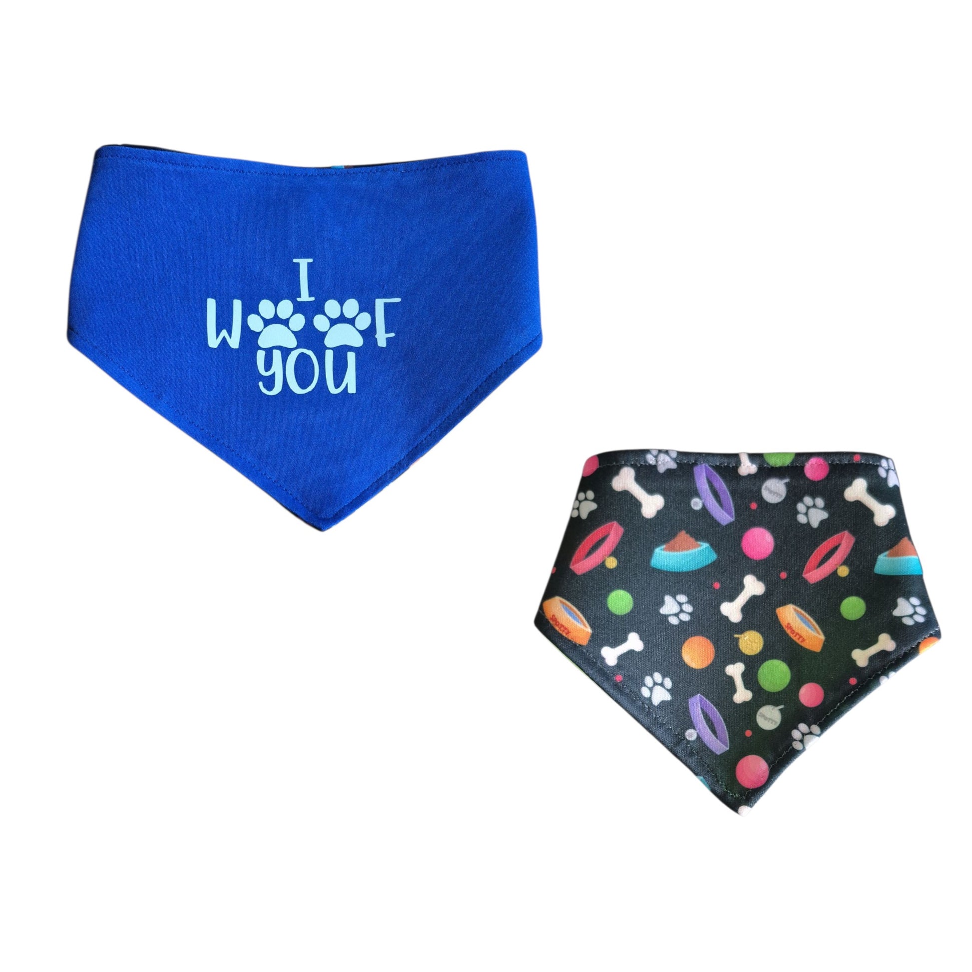 I Woof You on a playful print snap-on reversible dog bandana