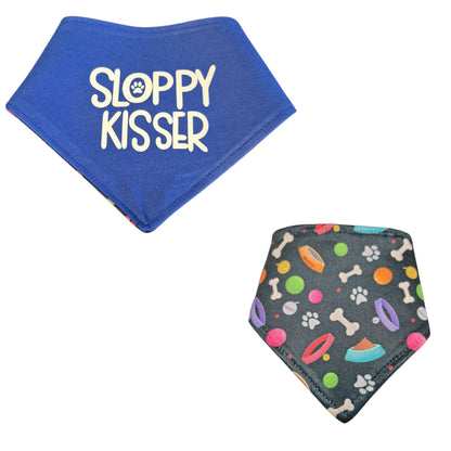 Sloppy Kisser and playful print snap-on reversible dog bandana