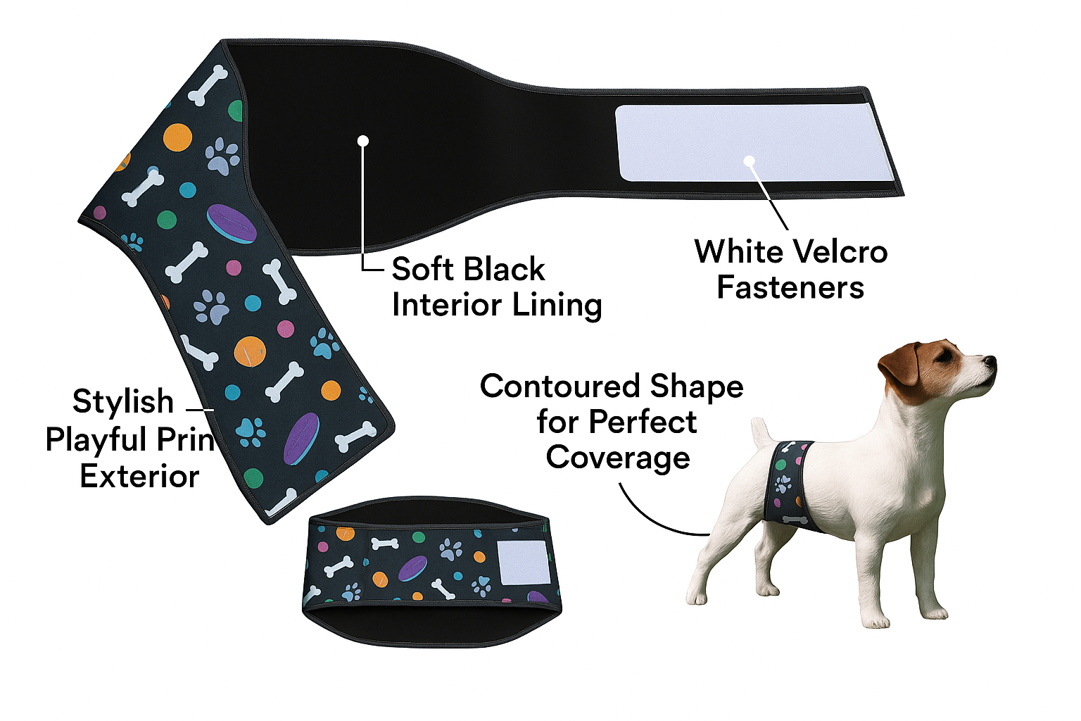 "Playful print dog belly band with feature callouts"