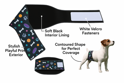 "Playful print dog belly band with feature callouts"