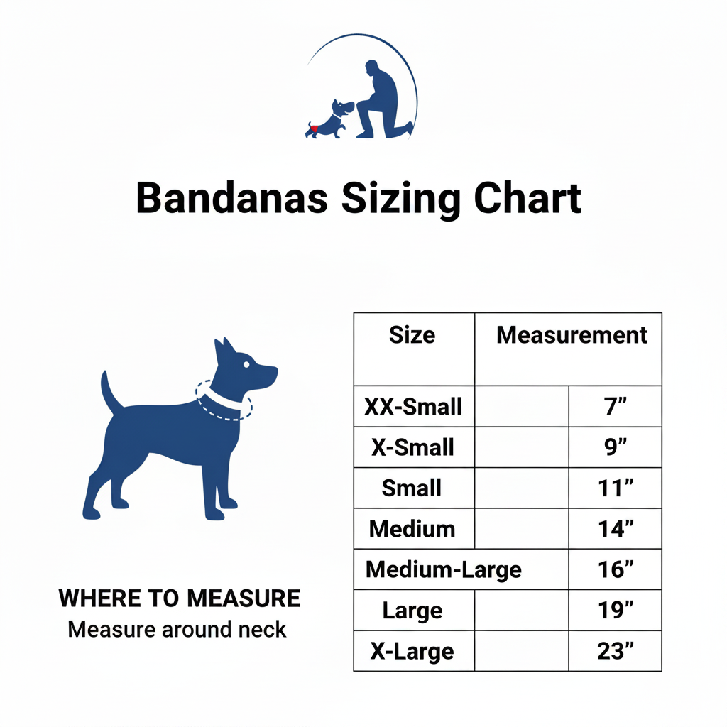 Dog bandana sizing chart — XX-Small 7", X-Small 9", Small 11", Medium 14", Medium-Large 16", Large 19", X-Large 23" — measure around neck
