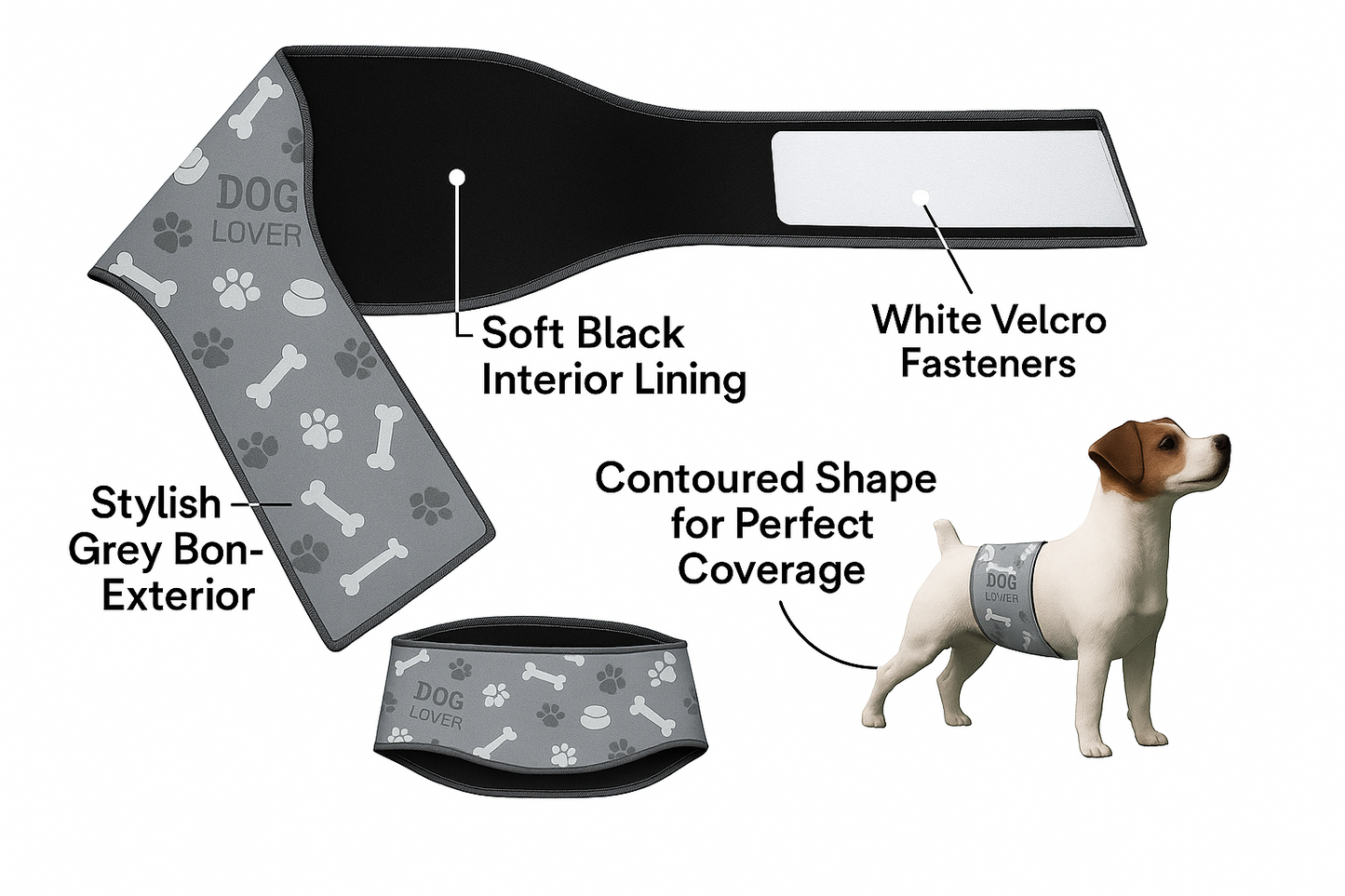 Male Dog Belly Band Wrap | Grey Bones Print | Style 2