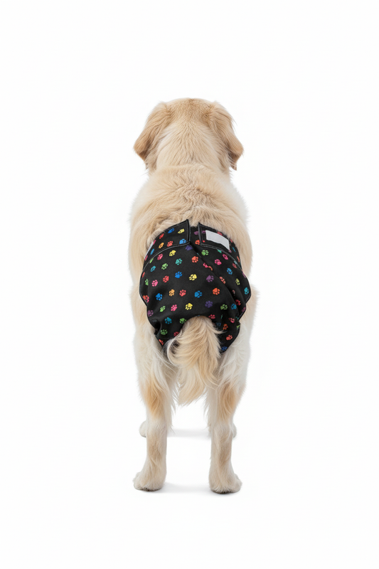 Golden retriever rear view with colorful paw print diaper
