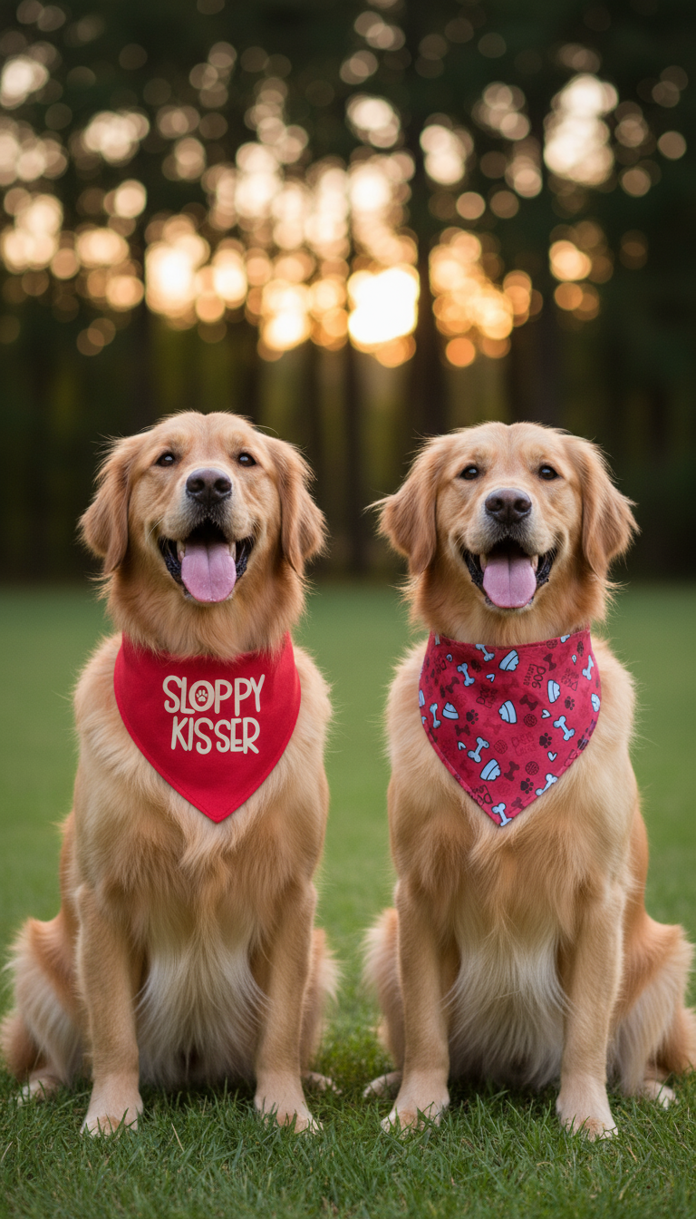 Golden retrievers wearing different red bandanas