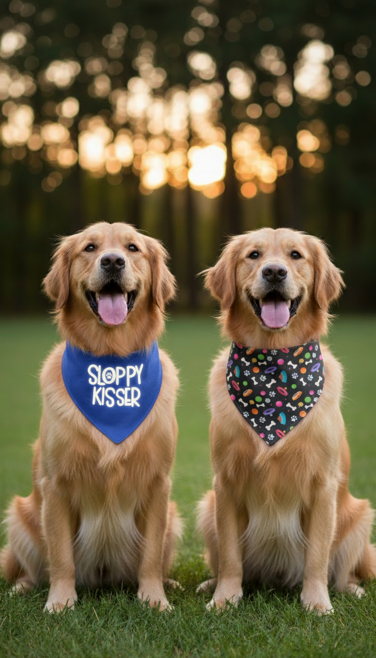 Golden retrievers with blue and colorful bandanas