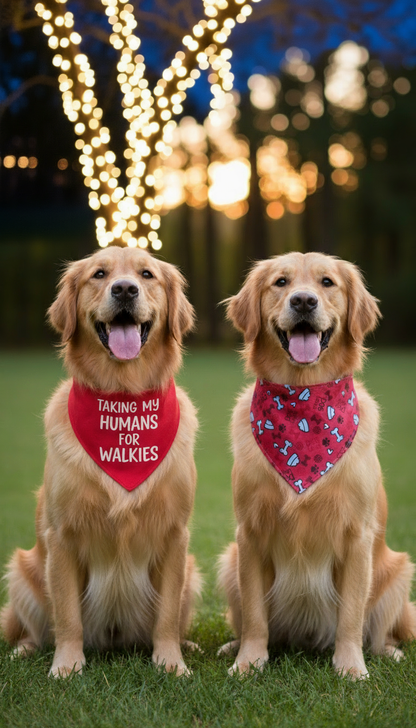 Golden retrievers with clear bandana text