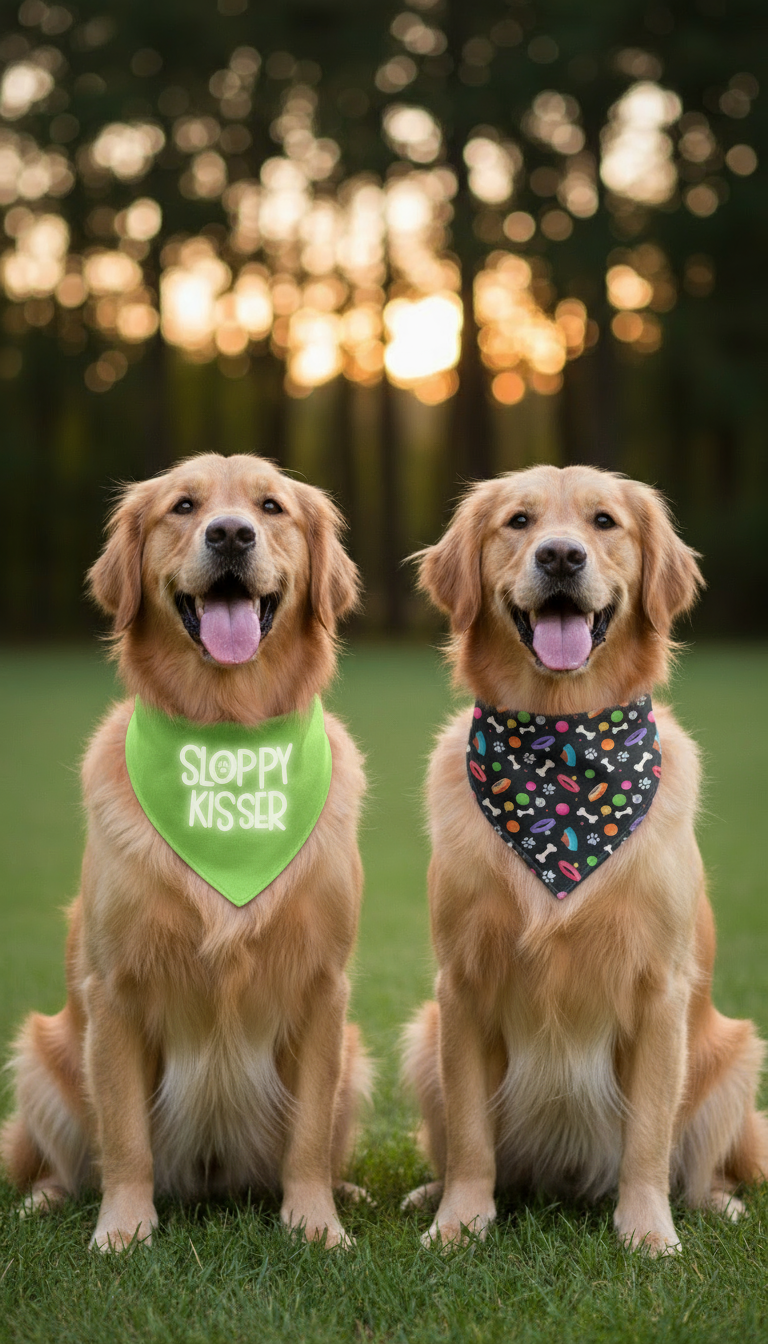 Golden retrievers with neon green and colorful bandanas
