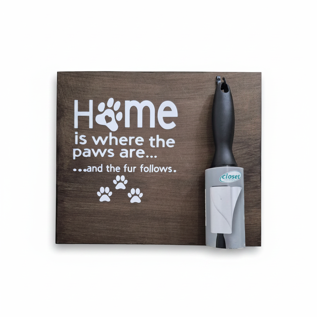 Rustic wooden decorative sign with white text reading "Home is where the paws are... and the fur follows" and paw print accents, shown next to a lint roller for scale on a white background.