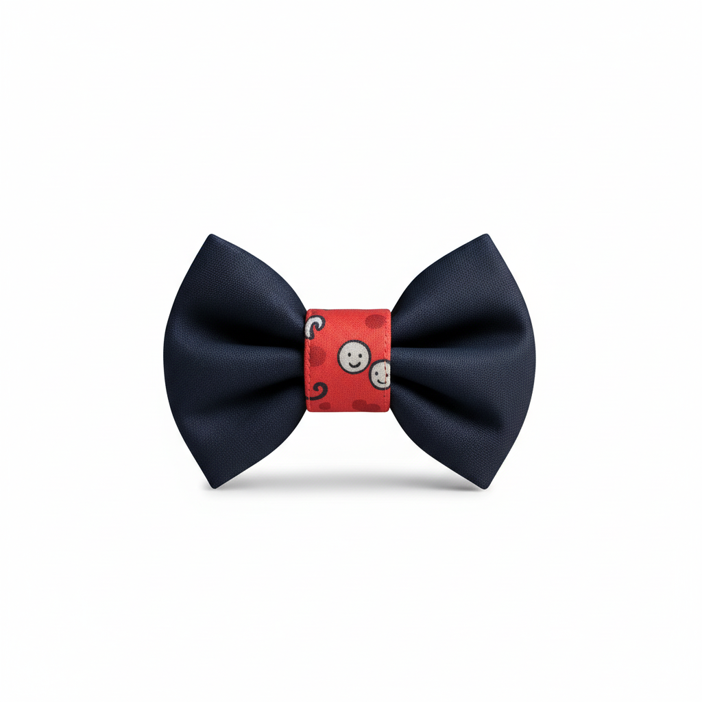 Navy bow tie with smiley faces on white background