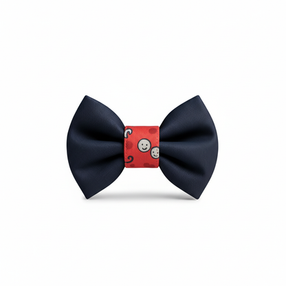 Navy bow tie with smiley faces on white background