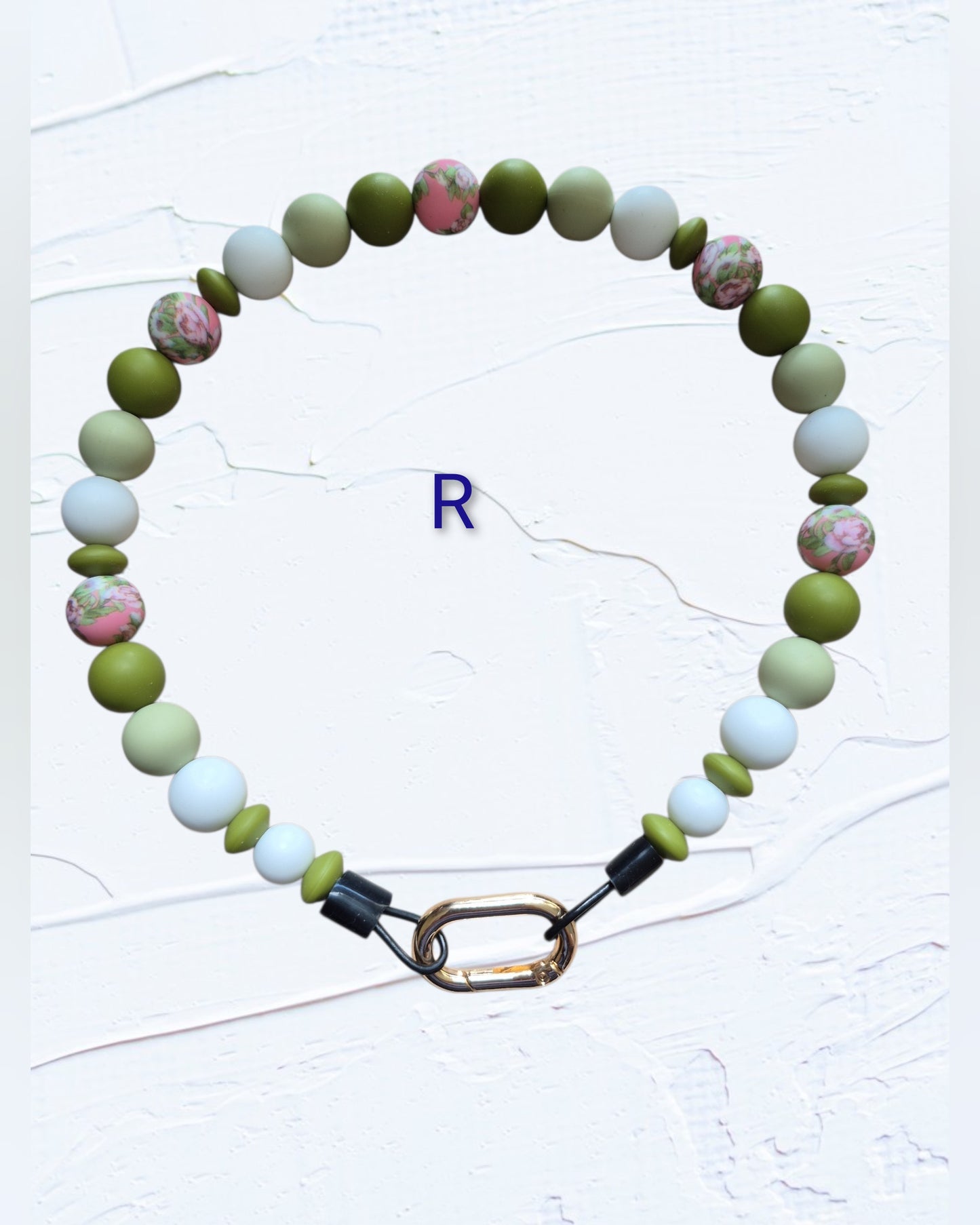 olive green, sage, white and pink floral accent beads with gold O-ring clasp