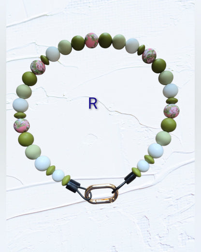 olive green, sage, white and pink floral accent beads with gold O-ring clasp