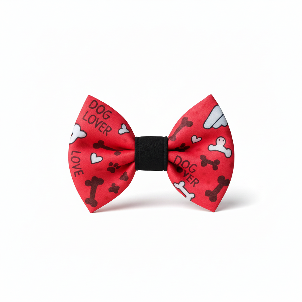 Red Dog Lover bow tie with black center on white background