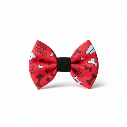 Red Dog Lover bow tie with black center on white background