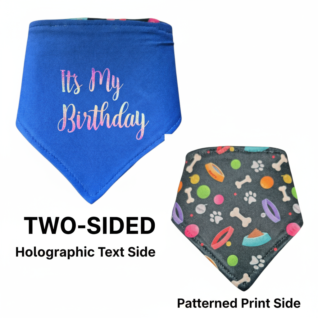 Two-sided blue birthday bandana with text labels